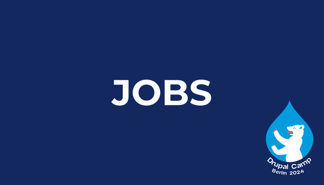 A simple banner with a dark blue background featuring the word 'JOBS' in bold white letters centered in the design. In the bottom right corner, the Drupal Camp Berlin 2024 logo is displayed, showing a white bear inside a blue water droplet.