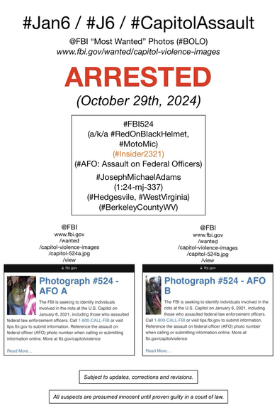 FBI wanted photos of now-arrested January 6th riot suspect known to Sedition Hunters as “Red On Black Helmet” (FBI Photo Number Five Hundred Twenty-Four). Subject to updates, corrections, and revisions. All suspects are presumed innocent until proven guilty in a court of law.