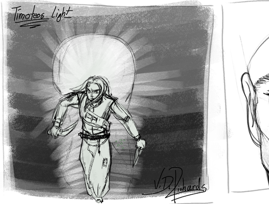 Screenshot einer digitalen Illustration. Sketch Style in Schwarz-weiß mit Imitation Bleistift und Kohle. Comic Style.
Eine Figur mit Kleidung aus dem 17ten Jahrhundert, geht auf den Betrachter zu, hält in jeder Hand ein Messer. Schaut ernst, hat knapp überschulterlanges Haar. AUf der Hose in Flicken. Um den Oberkörper eine Art Scherbe, an der auch eine Messerscheide erkennbar ist. Der HIntergrund ist dunkel, um die Figur herum leuchtet es. Text zum Bild sagt: Timoteos Light.
