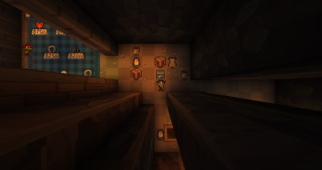 Mines in Rootin' Tootin' Lootin' & Shootin'
Game is top-down pixelart with 3d walls - dark and gloomy lit with lanterns dotted around the place. The walls are rocky but some have wooden supports, and some of the walls are entirely wooden.