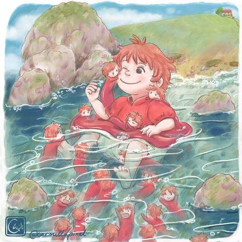 A little girl in a red dress, Ponyo, is sitting in shallow water on a beach, startling to get swarmed by her little mermaid/fish sisters.