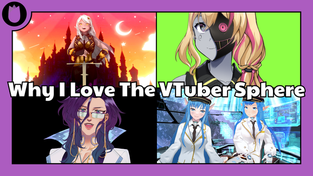 An image collage showcasing four different indie VTubers (Bonnicula, Nethyr, Sucrose Cerise, and Captain Yuna) with the words "Why I Love The VTuber Sphere" written out in black and white text on top of it.

Aiyoku's main logo, a purple tulip enclosed inside a black circle, is shown in the top left corner on top of a purple thumbnail frame that's surrounding the image collage.