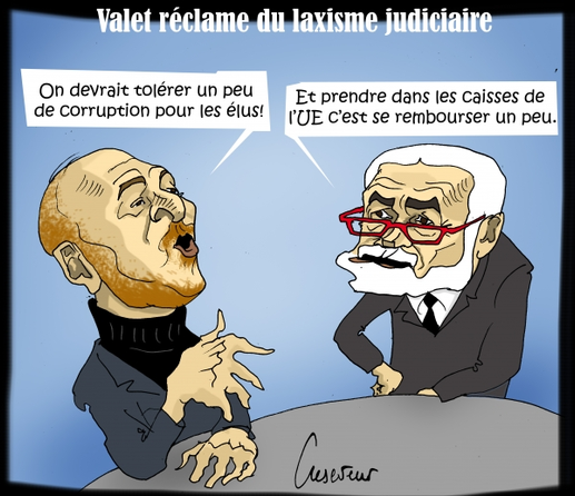 Caricatures de Valet et Praud sur le plateau de CNews
Valet: "On devrait tolérer un peu de corruption pour les élus.
Praud "et prendre dans les caisses de l'UE c'est se rembourser un peu!