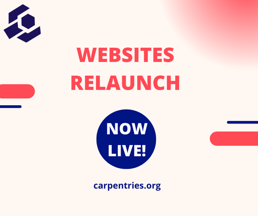 A square poster with with The Carpentries logo at the top left corner and "WEBSITES RELAUNCH" as main title at the centre. Below the title is "NOW LIVE!" in a disk, and below that is the URL carpentries.org.