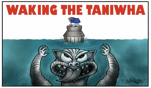 Cartoon title: Waking the Taniwha.   This cartoon has been inspired by Virginia Fallon's article in The Post 18th Nov (Monday) and by the film Jaws and its infamous poster where the shark comes up from the deep to grab the woman swimming above. In this rendition the woman is the beehive/parliament and the shark is the Māori legend The Taniwha. It's ready and swimming ferociously to the surface where the beehive is.