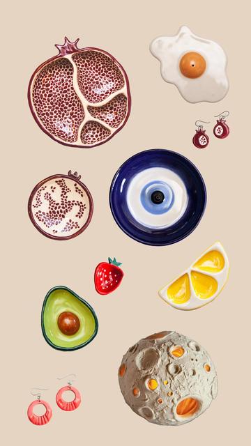 Ceramic fruit, evil eye incense holder, moon votive