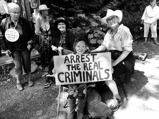A group of elders and activists is gathered outdoors, advocating for environmental issues. In the foreground, I'm seated in a camp chair, holding a sign that reads, "Arrest the real criminals." Next to me, an older woman smiles while resting her arm on my shoulder. Other individuals in the background wear shirts with phrases promoting ancient trees, embodying a spirit of activism and solidarity.
Black and white photo.