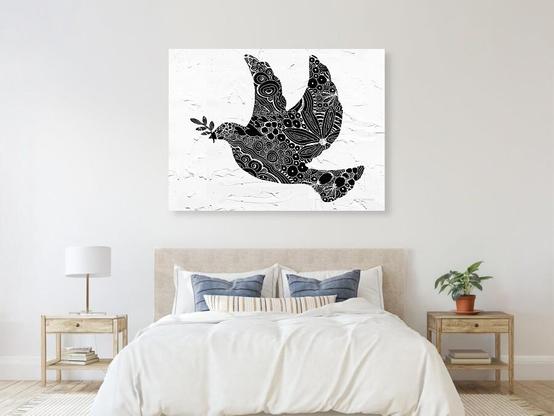 Black and white peace dove on white by artist Sharon Cummings.