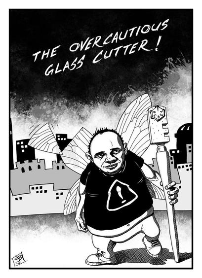 Black and white drawing using digital inks. The main figure is a large man with translucent wings. One wing has had its tip cut off. The man is holding a large glass cutter in his hand. In the background are buildings against a dark sky. In the sky are written the words "The overcautious glass cutter".