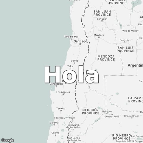 Map of Chile overlaid with a translation of the word "hello": Hola.