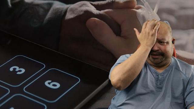 reverseBLT wipes away tears over an image of a black man's hand clasping a white man's hand that has drug delivery tubing attached, next to a tablet screen displaying large numbers.