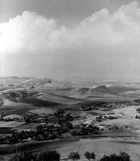 The image depicts a vast rural landscape with rolling hills and patches of farmland. The terrain is undulating, with fields that appear to be used for agriculture or grazing animals. In the foreground, there are clusters of trees scattered across the land, providing some contrast against the open expanses.

In the middle ground, we can see various farm buildings like barns, houses, and possibly silos, which suggest a working countryside setting. The fields exhibit different shades of brown and green, indicating varying types of crops or stages of growth.

The background features more hills that fade into the distance under a cloudy sky with large cumulus clouds dominating the upper portion of the frame. The overall mood is serene and contemplative, capturing the essence of rural life in an agricultural community.

This black-and-white photograph adds to its timeless quality by evoking memories of past eras when such landscapes were more common on farmlands across Europe and beyond.