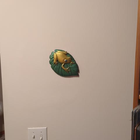 Bas relief tree frog, gold with blue eyes, on a green leaf, as wall art above a light switch.