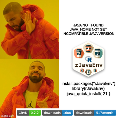 meme where a person is happy when they use rJavaEnv to install Java for reproducibility with their Java-dependent R packages