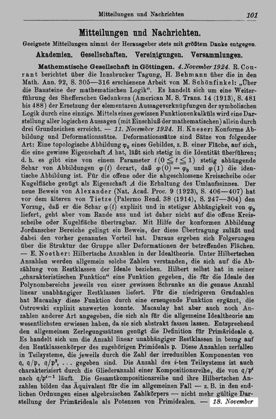 Mitteilungen und Nachrichten der Mathematischen Gesellschaft Göttingen aus "Jahresbericht der Deutschen Mathematiker-Vereinigung", 1926. Text:
vom 18. November ... (Seitenumbruch)