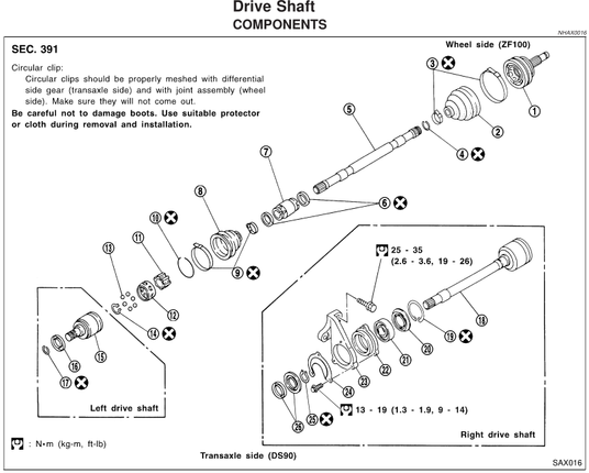Diagram of drive shaft components from page AX-9 of the 2000 Infiniti i30 factory service manual (Publication no. SM0E-1C33U6, December 1999 edition, December 2000 revision).
