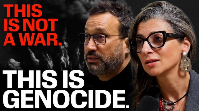 thumbnail for the video titled "Erasing Palestinian Life in Gaza: Israel’s Genocide EXPOSED" by YT channel Palestine Deep Dive
thumbnail heading (left foreground): "THIS IS NOT A WAR. THIS IS GENOCIDE"
right foreground: photos of Eyal Weizman (at centre-right) and Francesca Albanese (at far right)
background: what look to be plumes of smoke from explosive ordnance