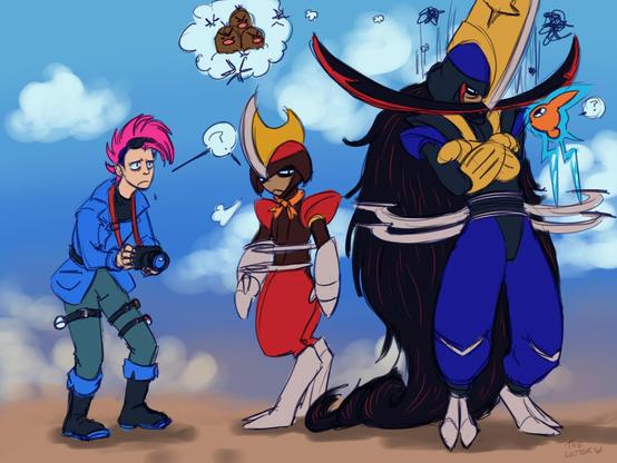 A Pokemon trainer dressed in a blue jacket with a hot pink mohawk looks perplexed while holding a DSLR style camera. In front of them stands a Bisharp wearing an orange ribbon around its neck, looking over its shoulder also confused. The target of their confusion appears to be a shiny variant Kingambit, standing with its arms crossed and stewing miserably, apparently about a Dugtrio as displayed in a thought bubble. In front of it almost nose to nose is a small, curious Rotom.