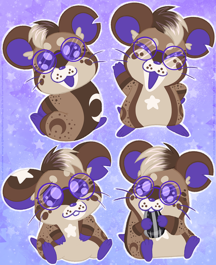 Four drawings of Jordan drawn as a Hamtaro style hamster. One is sitting there kneeling on their feet, smiling. Another is standing posed sassy with their hand on their hip, other hand in the air, and smiling with closed eyes. The third is sitting down looking sad with their ears back. The last one is sitting there contently nibbling on a sunflower seed.
