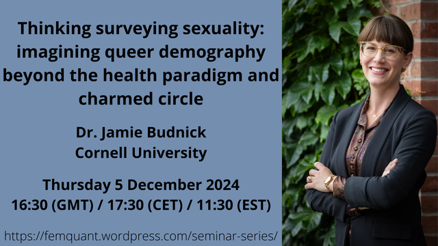 Picture of speaker. Thinking surveying sexuality: imagining queer demography beyond the health paradigm and charmed circle. Dr Jamie Budnick, Cornell University. Thursday 5 December 2024, 11:30 (EST)/ 16:30 (GMT)/ 17:30 (CET)