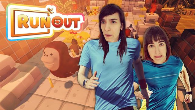 Dunkel y Rena caracterizadas como si tuvieran cuerpo de gente corriendo y cara de apuro. De fondo hay una carrera del propio juego y el logo de RunOut