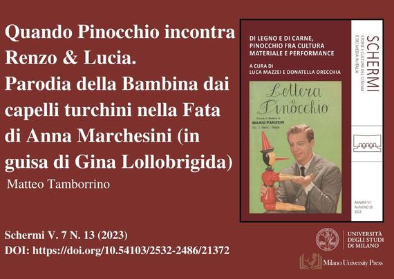 L'immagine mostra una copertina di libro con un titolo che recita “Quando Pinocchio incontra Renzo & Lucia. Paroda della bambina dai capelli turchini nella Fata di Anna Marchesini (in guisa di Gina Lollobrigida)” di Matteo Tamborrino.  La copertina presenta anche un'illustrazione di Pinocchio in stile vintage e un uomo che lo tiene in mano.  In alto a destra è visibile il logo della casa editrice Milano University Press.