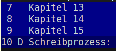 Screenshot der Ausgabeliste von taskwarrior. Die eingerückten Unterpunkte haben beim Speichern die IDs 7, 8 und 9 erhalten. Die übergeordnete Aufgabe des Schreibprozesses jedoch die ID 10, womit sie in der Sortierung UNTER den eigentlichen Unteraufgaben landet. Unbrauchbar!