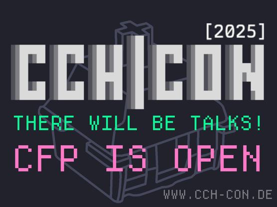 Das CCH CON Logo mit einem Keyboardswitch im Hintergrund und dem claim "there will be talks - cfp is open"