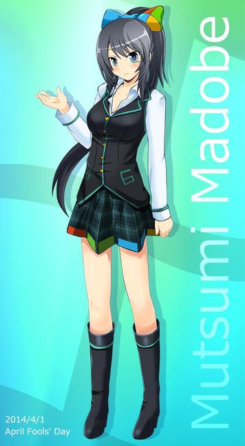An anime-style character named Mutsumi Madobe. She is wearing a school uniform with a black vest, white shirt, and a plaid skirt with colorful accents at the hem. She has long black hair tied in a ponytail with a bow that has the colors of the Windows logo. The background is a gradient of green and blue, with her name 'Mutsumi Madobe' written vertically on the right side. The date '2014/4/1 April Fools' Day' is written at the bottom left, indicating that this image was likely created for an April Fools' Day event.