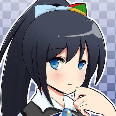 illustration of Mutsumi Madobe, a character with long dark blue hair tied in a high ponytail with a light blue ribbon. Mutsumi Madobe has blue eyes and is wearing a white collared shirt with a black vest and a blue tie adorned with a round gem with the windows logo in it. Mutsumi Madobe's expression is calm, with a slight smile, and her right hand is raised to her chin in a thoughtful pose. The background features a light blue and white checkered pattern