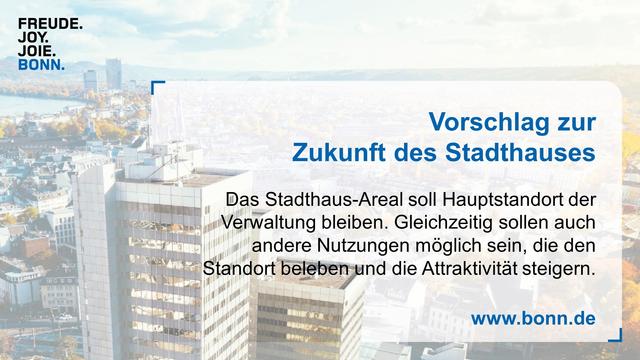 Das Sharepic zeigt das Stadthaus. Der Text lautet: "Vorschlag zur Zukunft des Stadthauses. Das Stadthaus-Areal soll Hauptstandort der Verwaltung bleiben. Gleichzeitig sollen auch andere Nutzungen möglich sein, die den Standort beleben und die Attraktivität steigern."