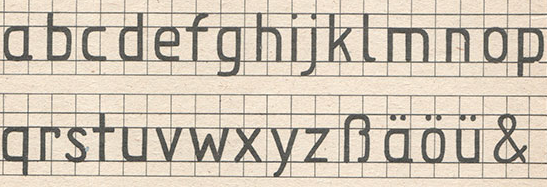 detail of a sample sheet showing lettering from TGL31034; lowercase (german) alphabet shown. It has a somewhat constructed feel to it, as if made mostly from rectangles, with rounded corner where necessary.