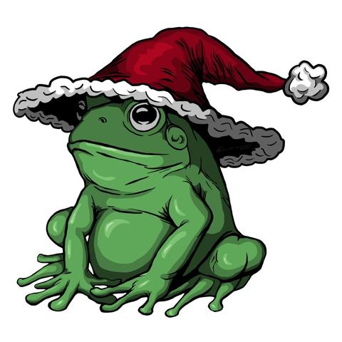 A cute, dumpy little illustrated green tree frog wearing a very festive looking santa hat.