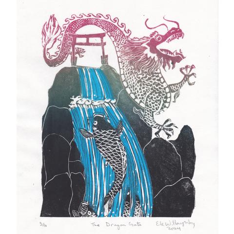 My linocut illustration of the legend of the Dragon Gate on 8” x 10” Japanese washi paper shows dark blue almost black steep mountain with pale blue waterfall and 3 blue-black koi attempting to climb. At the top is a red gate and red and gold Chinese dragon.