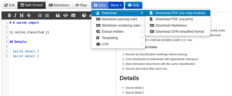 PDF export and update notice in MISP event report.