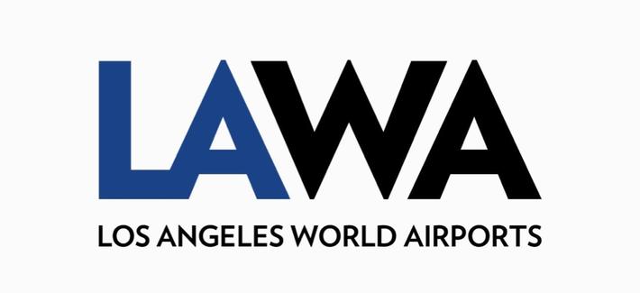 Logo of LAWA: blue letters L and A, black letters W and A, underneath in smaller block capital letters, LOS ANGELES WORLD AIRPORTS