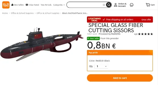temu page shows scissors in shape of a chinese submarine
"special glass fiber cutting sissors, 0,8bn euro"