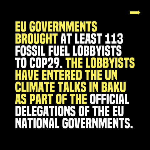 Text: EU governments brought at least 113 fossil fuel lobbyists to cop29. The lobbyists have entered the UN climate talks in Baku as part of the official delegations of the EU national governments