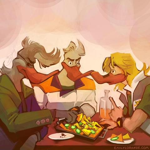 a digital painting of three anthropomorphic ducks, sitting at a table, painted from about the elbows upward. they are all leaning in, as if having an intense discussion. between them is a half-drunk bottle of indistinct liquor, and a tray of nachos.