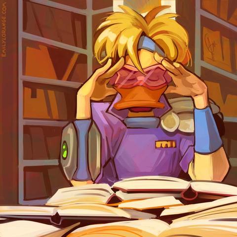 a digital painting of an anthropomorphic duck. she is painted from about the chest up, and is pressing at both her temples with her fingertips. she appears to be in a library, with an open stack of books in front of her, piled on top of each other. her expression is frustrated, and though she is painted head-on, her eyes are closed or cast downward.