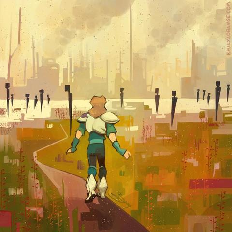 a digital painting of an anthropomorphic duck. the painting is mostly abstract, showing a landscape that resembles a grassland with a path through it. the mood is gloomy, with snow or ash falling. in the distance is the vague shapes of buildings, perhaps ruined, with smoke rising. in the middle ground are 15 sharp silhouettes that are unnaturally tall and missing limbs. in the foreground the main figure is cautiously walking toward them, their back to the veiwer.