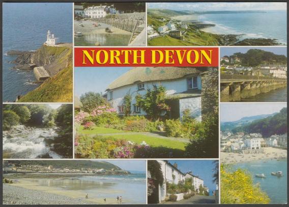 Printed colour postcard showing nine views of North Devon. Views shown are Hartland Point, Clovelly, Lee Bay, Watersmeet, Croyde, Bideford, Westward Ho!, Bucks Mill and Combe Martin.
Published by J. Salmon Ltd, Sevenoaks, No 2-47-00-23, c.1990s.
Postally unused.
Very good condition, with very slight corner bumps.