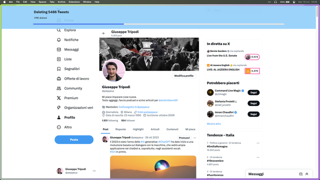 Homepage di Twitter sul profilo di @peppeuz; in alto, una barra di progresso azzurra indica che finora sono stati eliminati 1980 tweet.