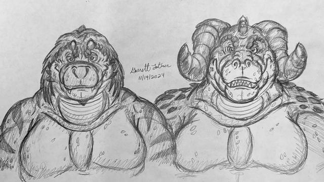 A pencil sketch of a chubby anthropomorphic tyrannosaurus with a floofy mane and an overweight anthropomorphic deathclaw drawn from the chest up.