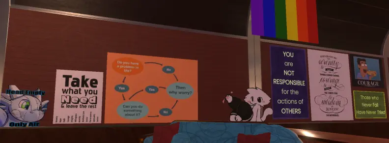 Wall with an Inflation sticker, AA poster, Mindfulness poster, and a bunch of posters with helpful phrases.  Also a guy eating a Hot Dog with "COURAGE" beneath it.