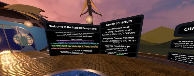 The signs at the front of the support group world, with the rules in rainbow colors.  To the right is a sign with a group schedule, which includes both a general and transgender support group.  Off to the side are links to the AA and Mindfulness Meditation groups.