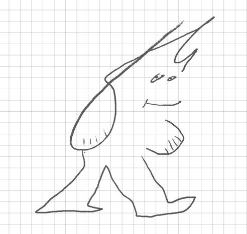 Piirros valkealla pohjalla jossa ruutupaperimainen ruudukko. Eläväisellä, harmaalla viivalla piirretty hahmo. Hahmo hymyilee. Sillä on piikikäs pää ja isot tassut. Hahmo kävelee vasemmalta oikealle. Hahmolla on velmu ilme.