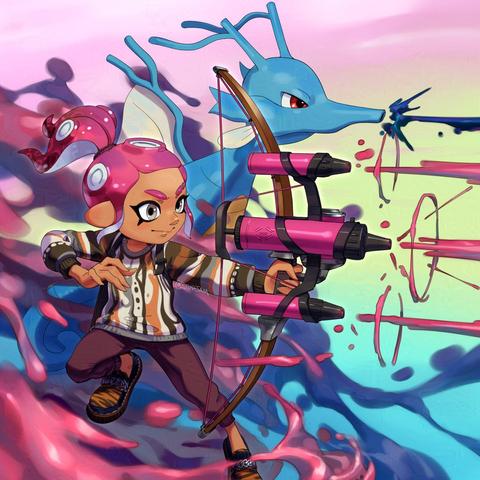 splatoon fanart. Octopus tentacle-headed teen with a bow fighting alongside seahorse Pokémon, shooting ink in a coordinated attack.