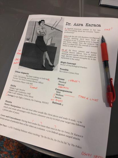 character sheet marked up in read pen