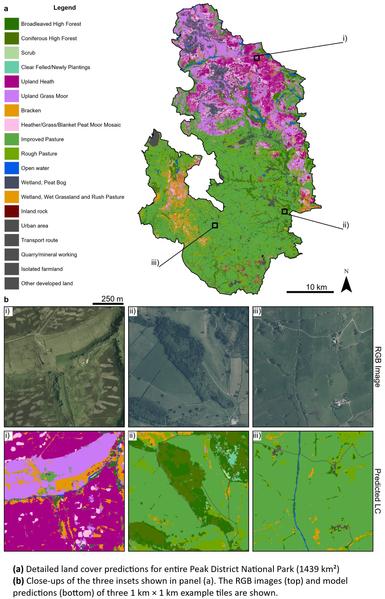 maps and aerial images - (a) Detailed land cover predictions for entire Peak District National Park (1439 km²). (b) Close-ups of the three insets shown in panel (a). The RGB images (top) and model predictions (bottom) of three 1 km × 1 km example tiles are shown.